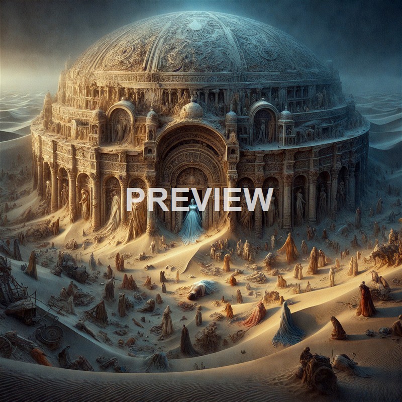 A massive, ancient-looking temple with intricate carvings and statues, partially buried in a desert landscape with sand dunes and scattered ruins.